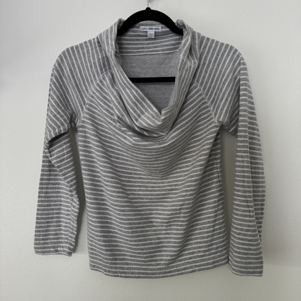 JAMES PERSE Striped Funnel Neck Pullover Top Womens 1 Small Gray White Boat Neck